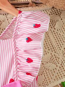 Đầm ngắn tay bèo nhún họa tiết dâu tây sọc hồng trắng, kiểu dáng thường ngày, đa năng, thích hợp mặc hàng ngày cho bé, phong cách mùa xuân/hè. - Hồng - Xem 6