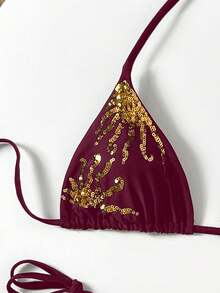 Swim Chiccia Bộ bikini gợi cảm buộc dây cổ, đính sequin, dành cho nữ, thích hợp mặc đi biển mùa hè. - Đỏ - Xem 7