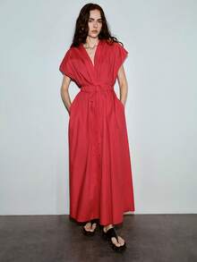 MOTF PREMIUM VESTIDO DE ALGODÓN 100% CON CUELLO EN V, CASUAL URBANO Y PARA CITAS, PRIMAVERA/VERANO - Rojo - Ver 7