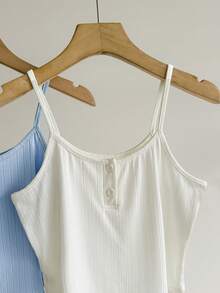 SweetSlumber Women's Casual INS Comfortable Button Knit Ribbed Camisole Cropped Top 2 Pieces Pajama Set Loungewear Baby Blue White Summer - Multicolor - View 4