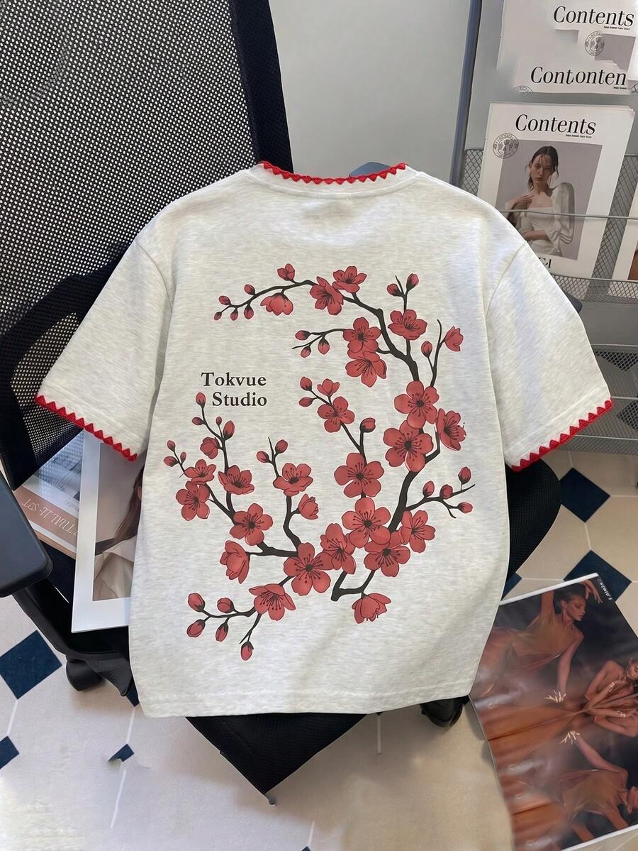 TOKVUE Camiseta de manga corta de estilo chino casual con dobladillo de ola de flor de cerezo para hombres jóvenes, ajuste holgado, versátil para parejas - Gris Claro - Ver 1