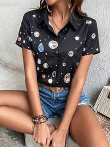 Breezaya 女士时尚休闲度假风水钻印花短袖衬衫 - 彩色 - 查看 5