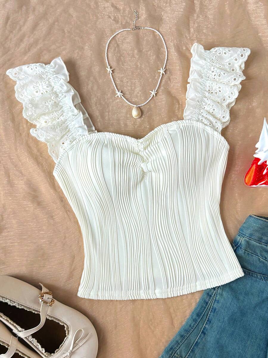 SHEIN 少女休闲日常舒适修身荷叶边提花面料吊带背心 - 白色 - 查看 1