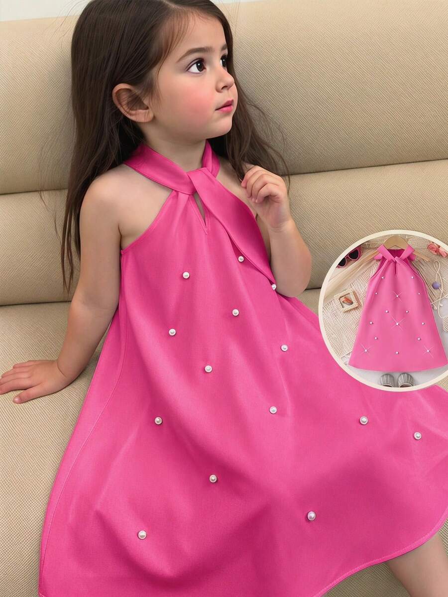 SHEIN 女童无袖纯色串珠连衣裙 - 彩色 - 查看 1