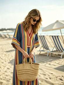 Omancia Robe femme élégante, mode, décontractée, confortable, charmante, rétro, minimaliste, Top de gamme, romantique, vacances, station balnéaire, décontractée, bord de mer, mi-longue, col V, ample, fendue, imprimé rayé coloré, texture - Multicolore - Voir 9