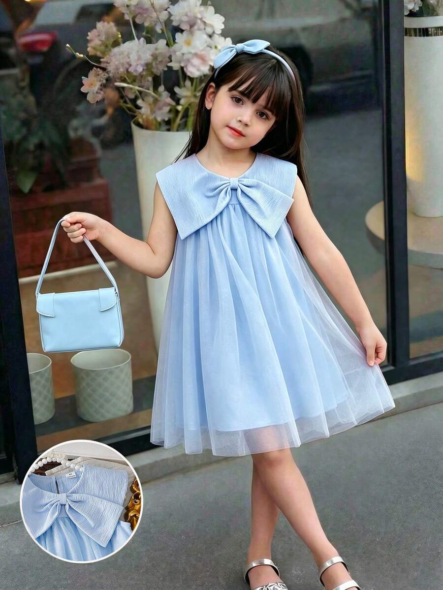 Elladie kids Robe sans manches bleu clair pour jeune fille avec nœud décoratif à l'avant, chic et élégante, convient pour le port quotidien ou les occasions de fête