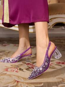 CUCCOO TILAWA Women's Crystal Heel Glass Rhinestone Pointed Toe Purple High Heel Pumps, Suitable For Outings, Banquets, Parties And Other Events - Purple - View 4