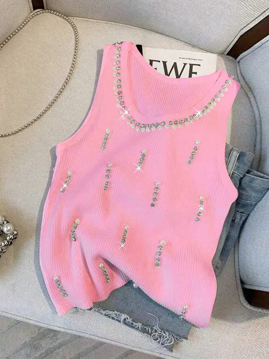 GlowEve Women's Diamond Decor Ribbed Crew Neck Tank Top - Pink - View 1