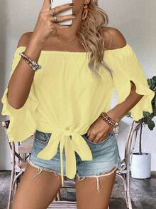 EMERY ROSE Plus Size Women Summer Beach Vacation Minimalist Solid Color Off Shoulder Ruffle Sleeve Tie Hem Blouse - Light Yellow - View 1