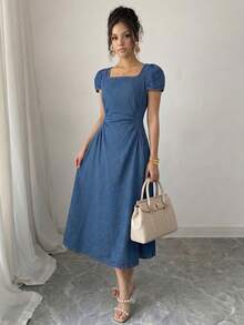 Elenzga Summer Vacation Casual Vintage Chic Elegant Square Neck Puffed Sleeve Ruched Waist Light Blue Denim Daily Wear Going Out Women's Midi Denim Dress - Dark Wash - View 5