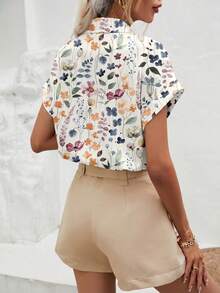 SHEIN Frenchy Áo sơ mi nữ kiểu dáng giản dị, tối giản, màu nude, họa tiết màu nước, thích hợp cho mùa xuân và mùa hè. - Nhiều màu - Xem 2