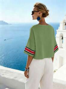 SHEIN Holidaya Áo kiểu Pháp dệt kim, phong cách nghỉ dưỡng, cổ chữ V, in họa tiết, dáng rộng, thích hợp đi biển, áo nữ mới. - màu xanh lá - Xem 2