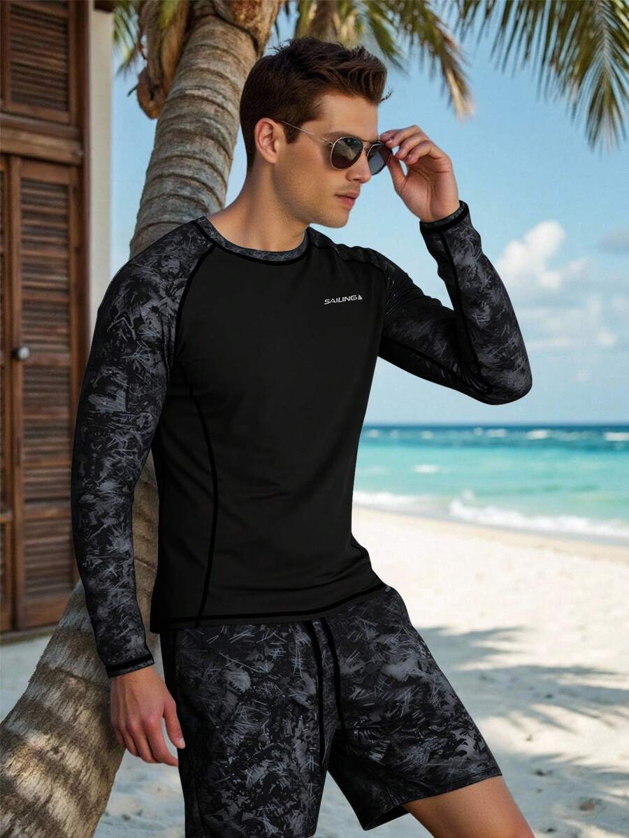CoralVoy Bộ đồ bơi chống nắng tay raglan phối màu dành cho nam giới, thích hợp cho kỳ nghỉ hè. - màu đen - Xem 1