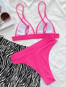 SHEIN Swim Bikini simple de cintura alta para playa de verano - Rosa Fucsia - Ver 2