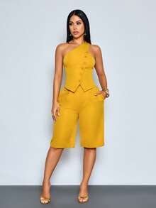 PETITE Elegante y estiloso conjunto de dos piezas para mujeres en primavera y verano, adecuado para ir al trabajo, uso diario, ocasiones casuales, fiestas, fiestas de cumpleaños, Acción de Gracias y vuelta al colegio.Presenta un escote asimétrico, top sin mangas de cuello halter con botones y pantalones capri con cremallera.El detalle del cuello halter agrega un toque de estilo casual de vacaciones.Traje de primavera. - Amarillo - Ver 5