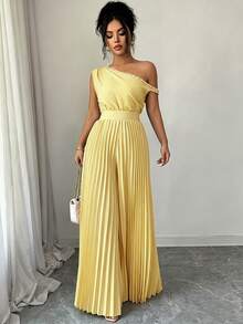 Modelyn Jumpsuit Bahu Berlipit Mutiara Biru untuk Wanita - Kuning - View 4