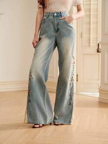 Quần jeans ống loe nữ sang trọng, thêu ren tương phản, phong cách nghỉ dưỡng. - Màu xanh lam - Xem 3