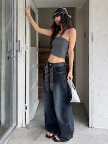 DAZY Quần jeans nữ dáng rộng, phong cách thường ngày, bạc màu và rách nhẹ. - Màu Xám nhạt - Xem 8