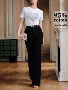 Anewsta Summer Casual Rhinestone Heart Graphic Round Neck Short Sleeve T-Shirt - White - View 5