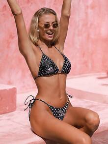 Swim Mod HELLO KITTY AND FRIENDS | SHEIN Slimming Halter Tie Backless Polka Dot Print Halter Split Bikini Set - Multicolor - View 5