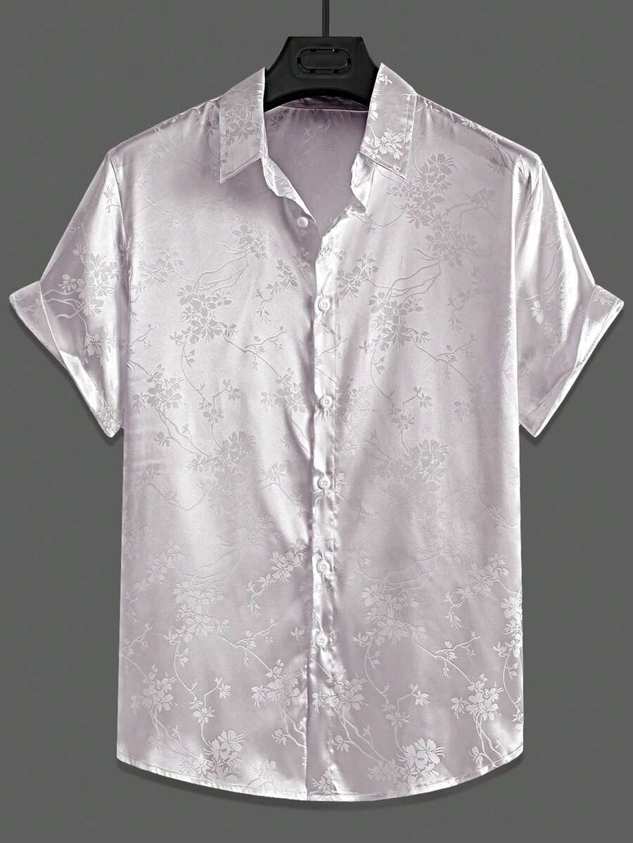 Manfinity Homme Áo sơ mi nam tay ngắn cài một hàng khuy, chất liệu jacquard, thời trang. - Bụi tím - Xem 1