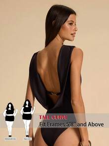 SHEIN Tall CURVE 大码女士休闲纯色露背吊带金属链装饰连体衣，适合海滩、工作、通勤、休闲外出，棕色连体衣，优雅性感露背连体衣 - 棕色 - 查看 2