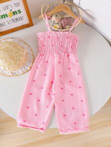 SHEIN Genkimix Kids 女童复古波西米亚风吊带连体裤，舒适面料，宽松阔腿设计，粉色条纹爱心印花，简约优雅飘逸，适合春季、夏季、派对、外出、度假穿着。 - 粉色 - 查看 2