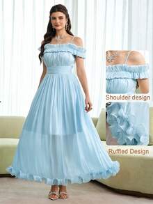 Modelyn Váy nữ màu xanh nhạt thanh lịch cho khách mời đám cưới mùa hè, váy phồng dáng dài chữ A ôm sát trễ vai bèo nhún kiểu Pháp thời trang dạo phố tiệc tùng nghỉ dưỡng - Màu xanh lam - Xem 3