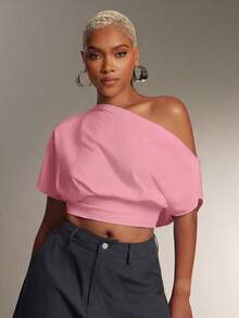 Denimoi Cinched Waist Off Shoulder Top Fashionable Everyday Sexy Tops Fashion Tshirt Night Out Pink Summer - Pink - View 3