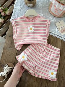 SHEIN 2件組女嬰幼童0-3歲粉白條紋荷葉袖T恤短褲套裝，可愛夏季度假針織紋理外出穿搭 - 粉色 - 查看 5