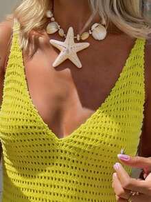 Selianne Ärmellose V-Ausschnitt rückenfrei Strickkleid für Frühling/Sommer, lässiger Urlaubsstil für Damen - Gänsegelb - Übersicht 4
