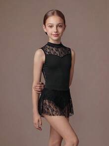 SHEIN 青少年女孩黑色蕾絲拼接芭蕾舞風兩件套，優雅可愛，適合校園與返校穿搭 - 黑色 - 查看 5