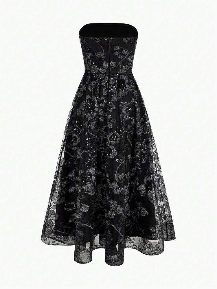 ELEGANT BLACK JACQUARD TEXTURE BUSTIER WAIST-CINCHED DRESS FOR WOMEN