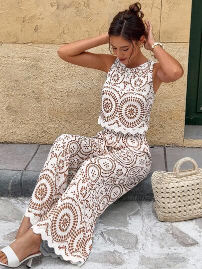 Serisse Women's Summer Vacation Embroidered Shell Trim Camisole And Pants 2 Pieces Set