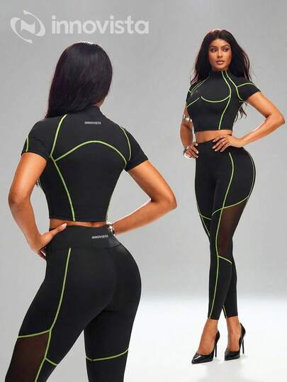 Innovista Women's Color Block Crew Neck Short Sleeve Top And Skinny Leggings Casual Sportswear Set