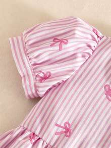 SHEIN Playful Pals 女童休閒時尚格紋蝴蝶結印花泡泡袖襯衫洋裝，適合春夏外出、戶外、校園及日常穿著 - 粉色 - 查看 6