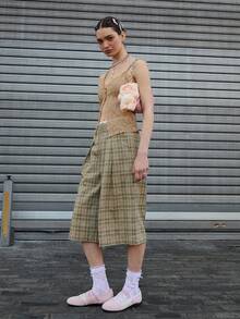 COUREZ Pantalones cortos de tela a cuadros con ajuste regular, atuendos de verano para mujer, shorts de verano estilo Y2K, ropa de verano linda - Verde - Ver 6