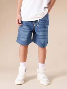 SUMWON Shorts Denim Casuais para Meninos Pré-Adolescentes com Detalhe de Bainha Dividida e Cordão na Cintura para Uso Diário na Primavera e Verão - Azul - Visão 4
