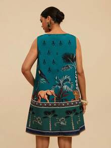 Vestido holgado sin mangas con estampado tropical para vacaciones de verano para mujer de talla - Verde - Ver 2