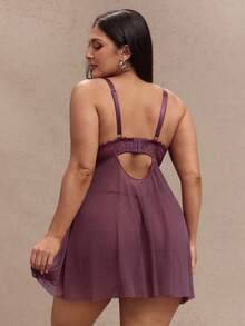 SHEIN BAE 2件套加大码网眼蕾丝加垫文胸和睡裙内衣套装 - 鏽棕色 - 查看 2