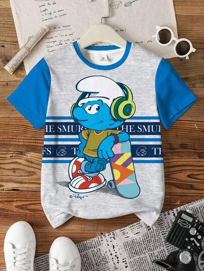 SHEIN X The Smurfs 男童撞色卡通印花圆领休闲短袖T恤
