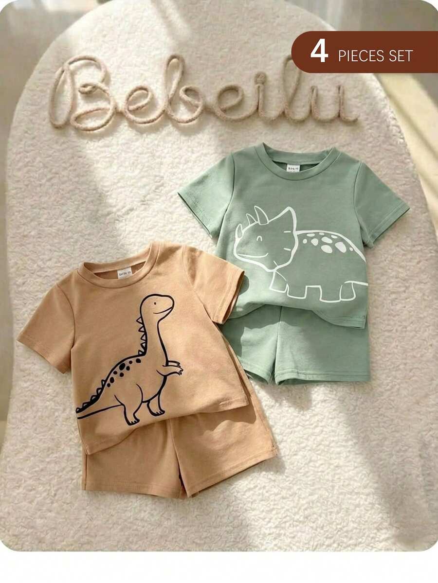 Ensemble 4 pièces bébé garçon d'été décontracté : T-shirt à manches courtes et short en tricot de couleur unie avec motifs en relief d'ours et de dinosaures - Multicolore - Voir 1