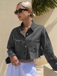 DAZY Áo khoác denim dáng rộng thoải mái mùa hè mới, phù hợp cho mùa tốt nghiệp. - Xám - Xem 6