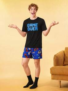 Notgurli Men's Letter Print Short Sleeve Top And Shorts Casual Loungewear Set - Multicolor - View 3