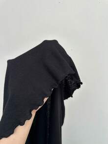 SHEIN EZwear 大码纯色V领褶皱休闲短袖连衣裙，夏季 - 黑色 - 查看 8