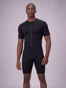 ZELFYO Men's Couple One-Piece Swimsuits, Suitable For Water Sports, Beach Vacations, Couple Beachwear, Summer Beach Vacations, Beach Parties, Men's Swimwear, Beach Sets, Men's Holiday Sets, Valentine's Day Sets, Summer Sets, Men's Valentine's Day Sets. Men's Fashion Beach Couple Shorts, Men's Solid Color Raglan Sleeve Zipper Front Casual Jumpsuit Swimsuit Couple Swimwear Couples Bathing Suit Sets Couples Swim Sets Couple Bathing Suit Set Black Swimwear - Black - View 1