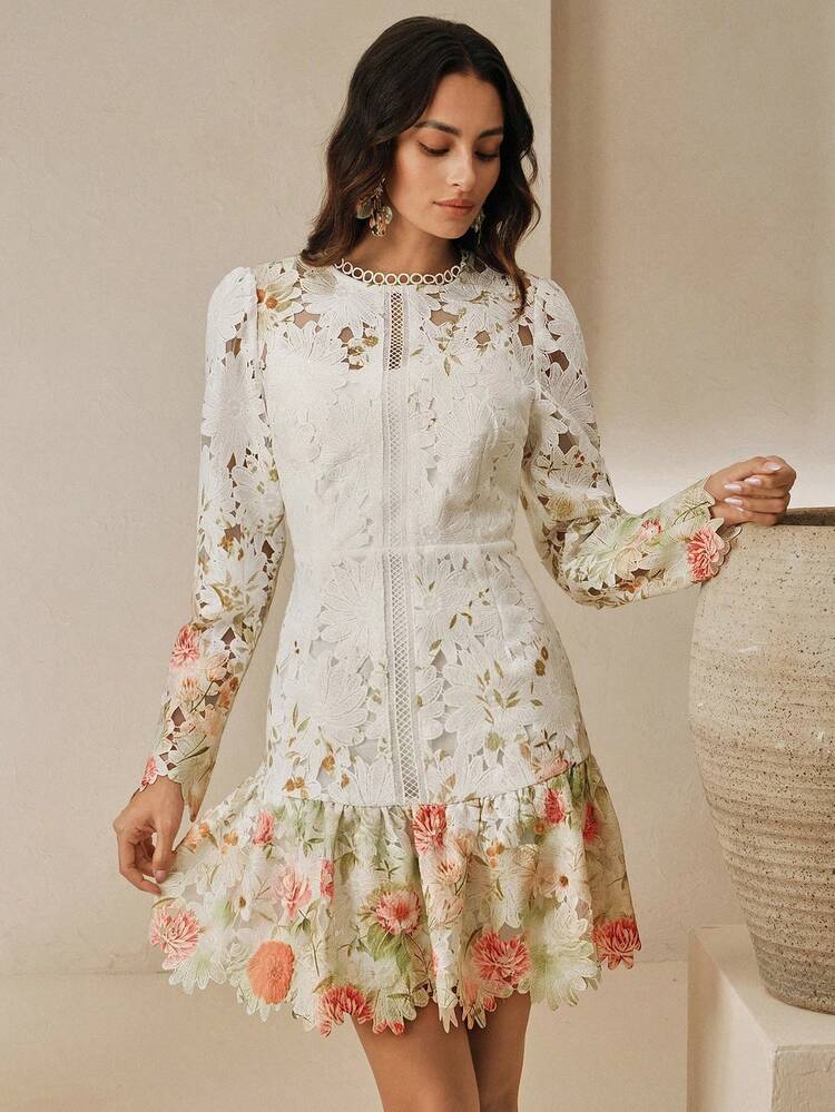 Women's Elegant Vacation/Date Floral Print Hollow-Out Embroidery Patchwork Waist Cinched Long Sleeve Mini Dress, Suitable For Spring, Summer, Autumn