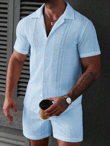 VENTUSAIL Men's Short Sleeve Single-Breasted Shirt And Shorts Casual Suit, Holiday - Blue - View 5
