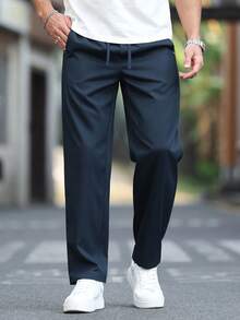 Manfinity CasualCool Men's Solid Color Drawstring Waist Pockets Tapered Casual Pants Men Thin Sweatpants Navy Blue Pants Men Jogger For Men - Navy Blue - View 5