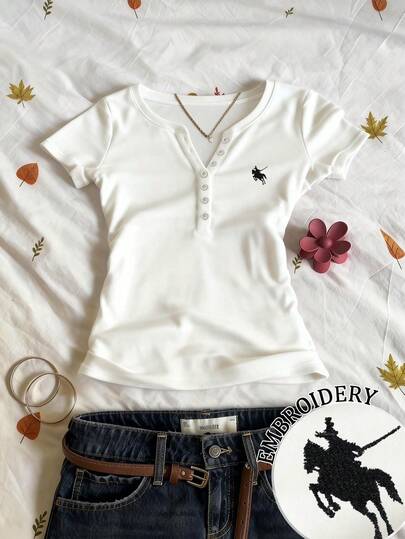 Glimmora Embroidered Fashionable Minimalist V-Neck Short Sleeve T-Shirt, Gift For Friends